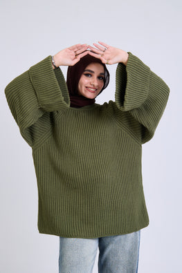 Casual ribbed knitted wide sleeve pullover